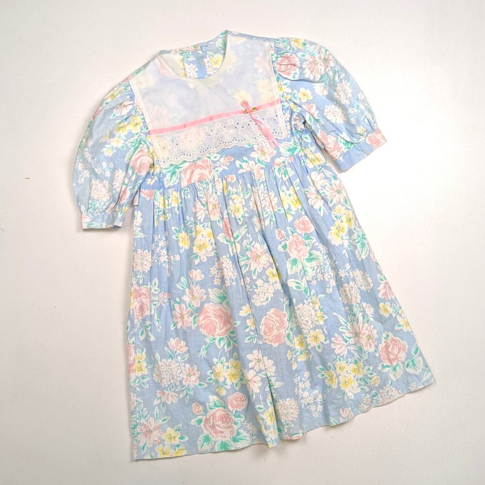Vintage Dress Girls Sz 6x Pastel Floral Party 80s Cottagecore Bib Collar
